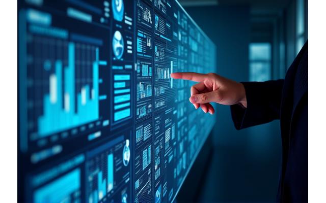 Dynamic data visualization on a screen, showing charts and graphs related to market trends and compensation, emphasizing actionable insights